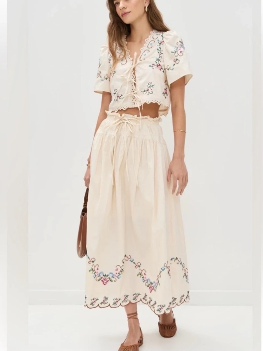 Moon River Ivory Embroidered Cross Stitch Midi Skirt & Top 2-piece set L NWOT - Picture 6 of 9